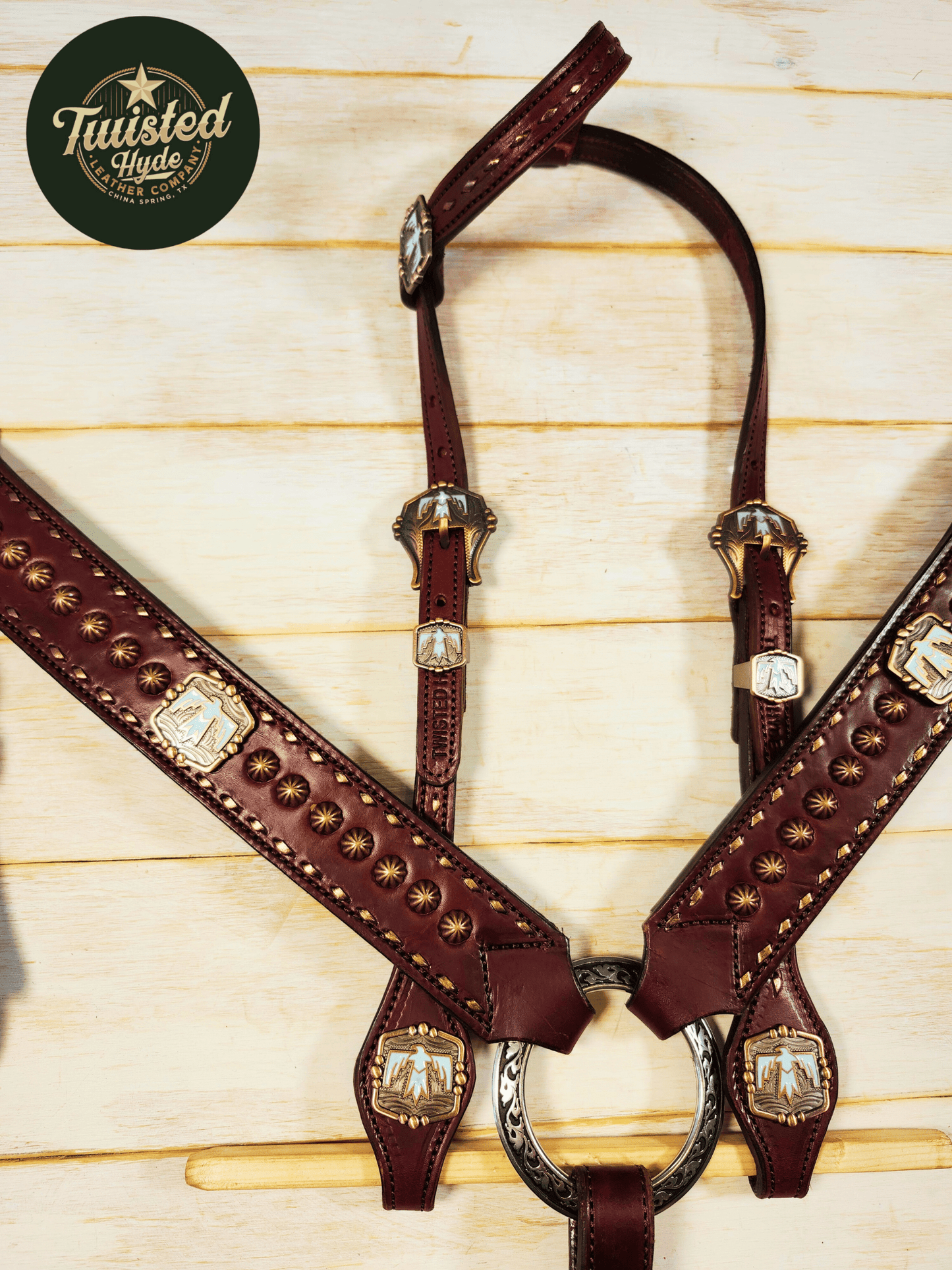 Tack Set English Bridle Thunderbird bronze lace - Twisted Hyde Leather Co.