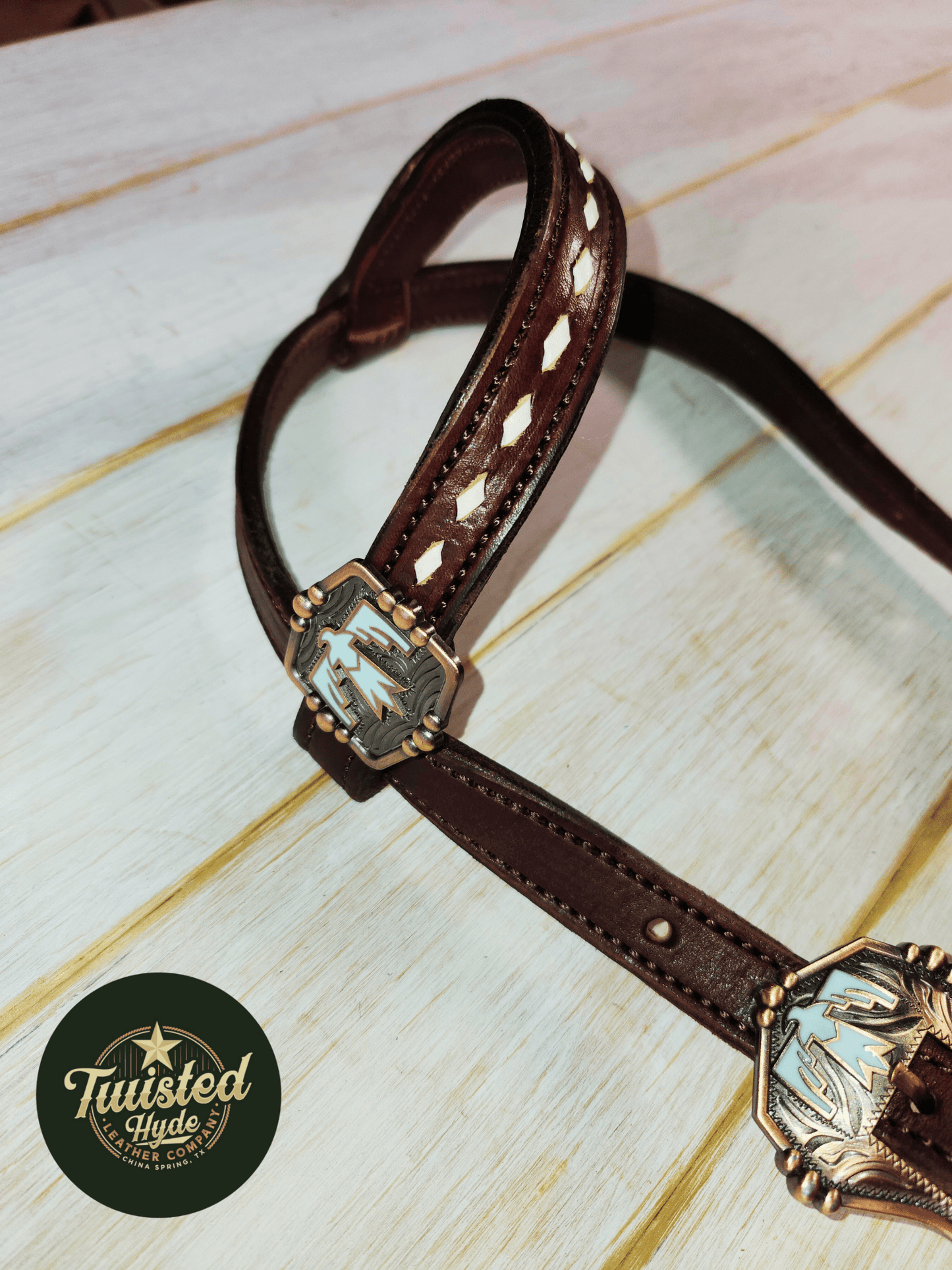 Tack Set English Bridle Thunderbird white lace - Twisted Hyde Leather Co.