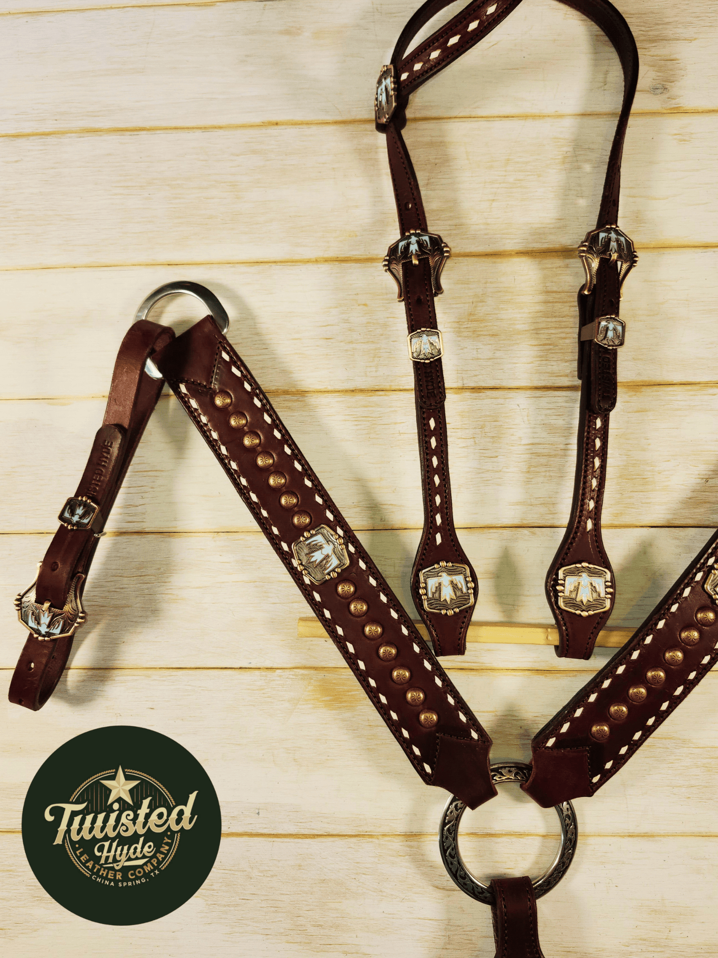 Tack Set English Bridle Thunderbird white lace - Twisted Hyde Leather Co.
