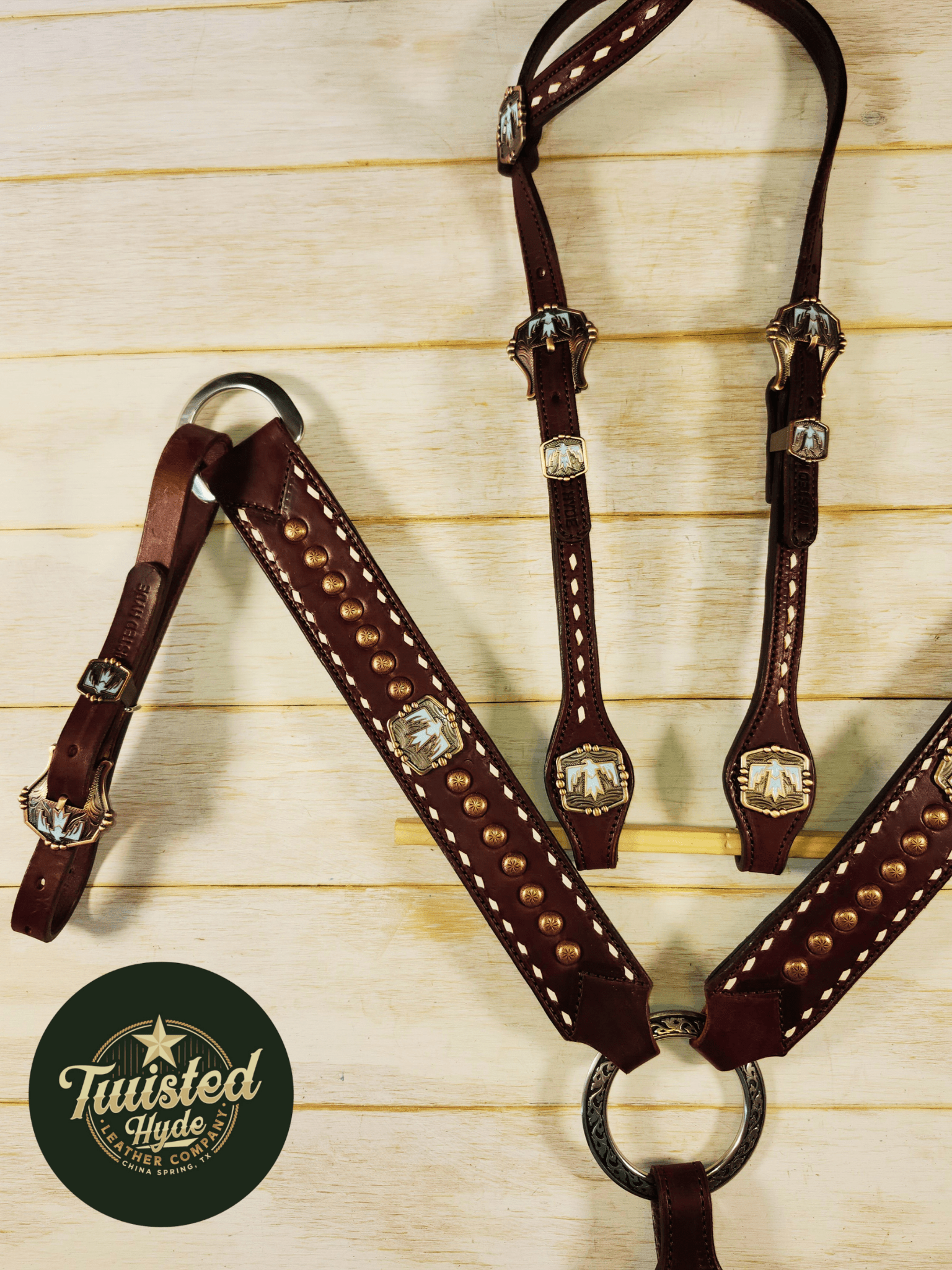 Tack Set English Bridle Thunderbird white lace - Twisted Hyde Leather Co.