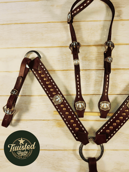 Tack Set English Bridle Thunderbird white lace - Twisted Hyde Leather Co.