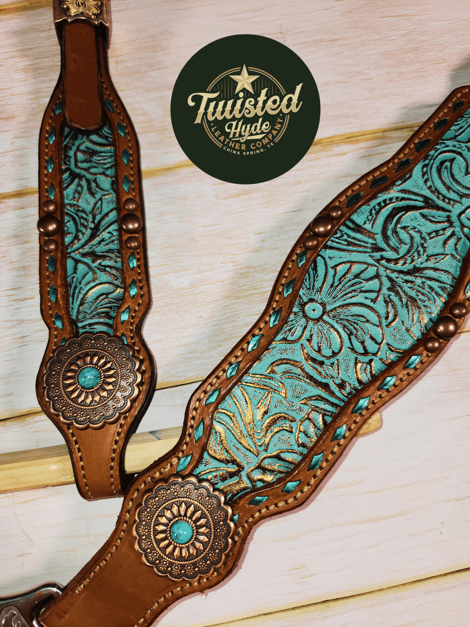 Teal Print Inlayed Tack Set - Twisted Hyde Leather Co.