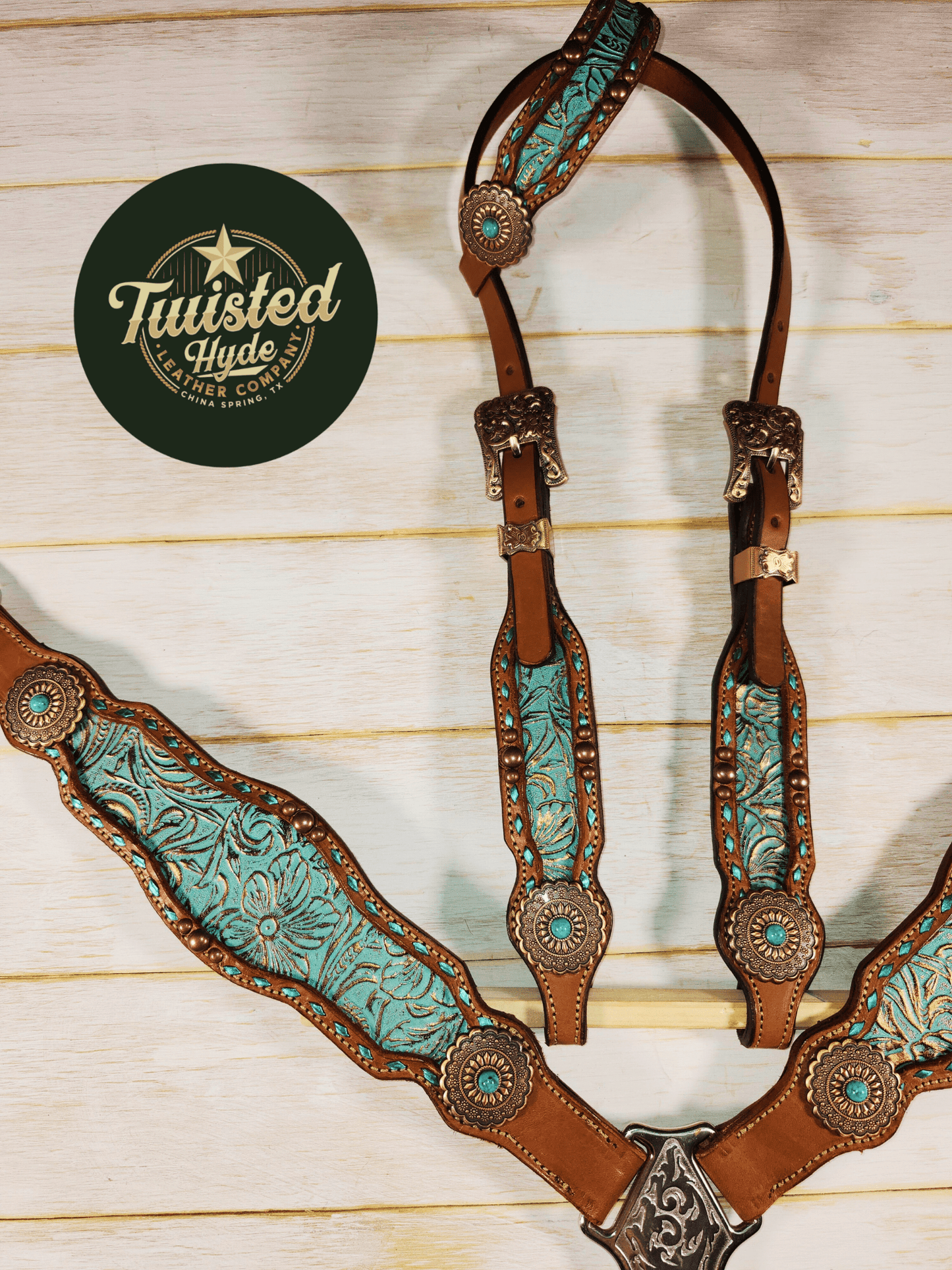 Teal Print Inlayed Tack Set - Twisted Hyde Leather Co.