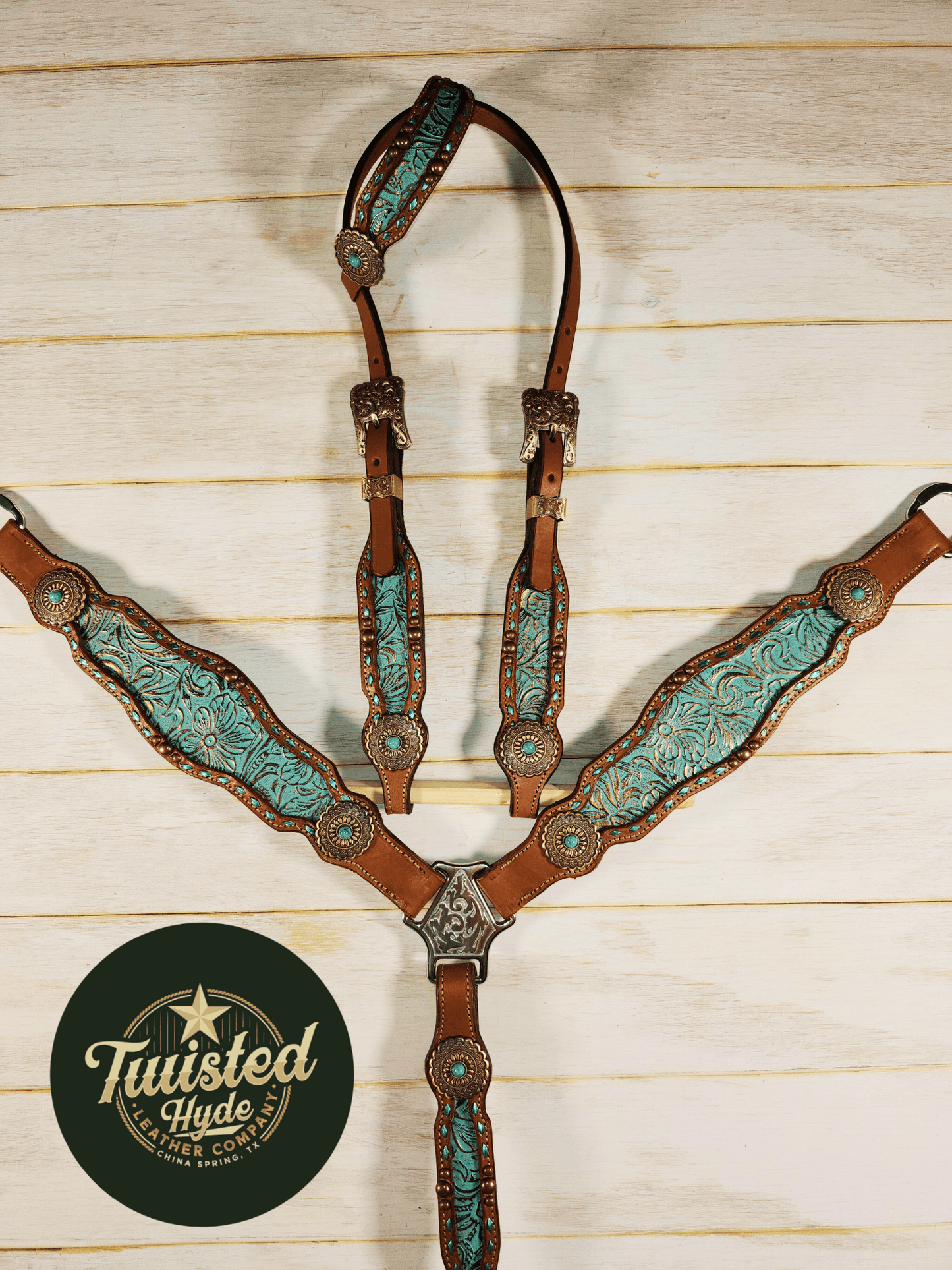 Teal Print Inlayed Tack Set - Twisted Hyde Leather Co.