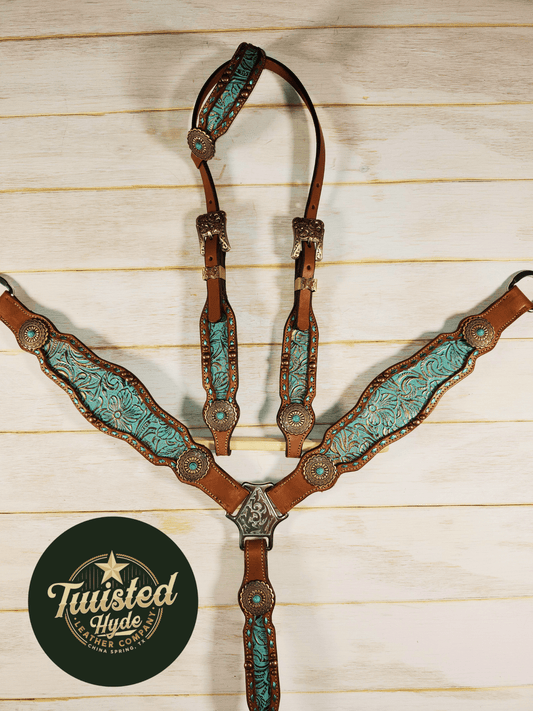 Teal Print Inlayed Tack Set - Twisted Hyde Leather Co.