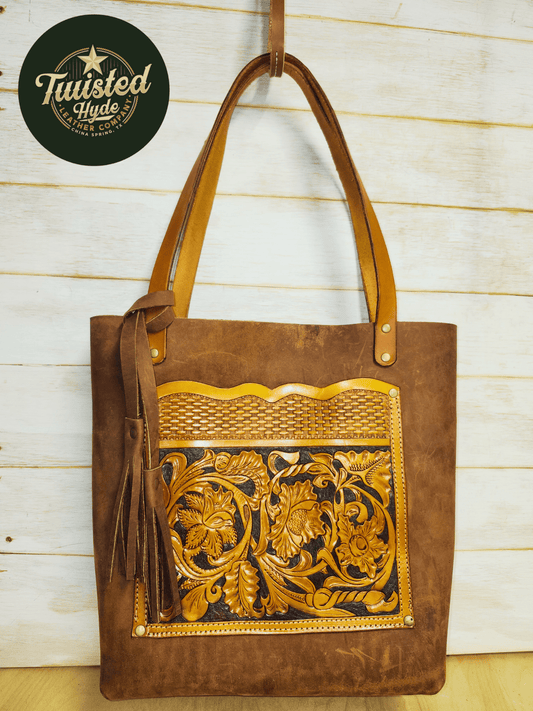 Tote Bag with Tooled Pocket - Twisted Hyde Leather Co.